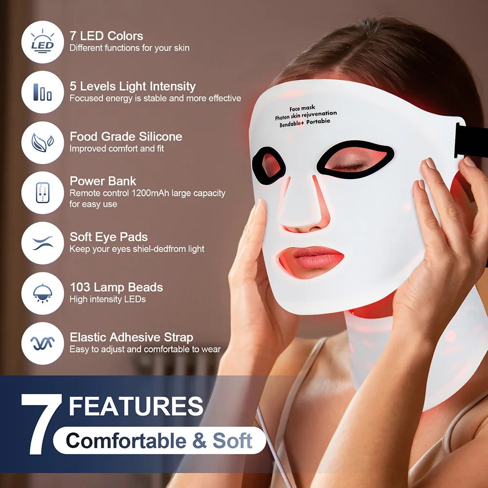 LED Face & Neck Mask – 7 Color Light Therapy, Wireless & Flexible