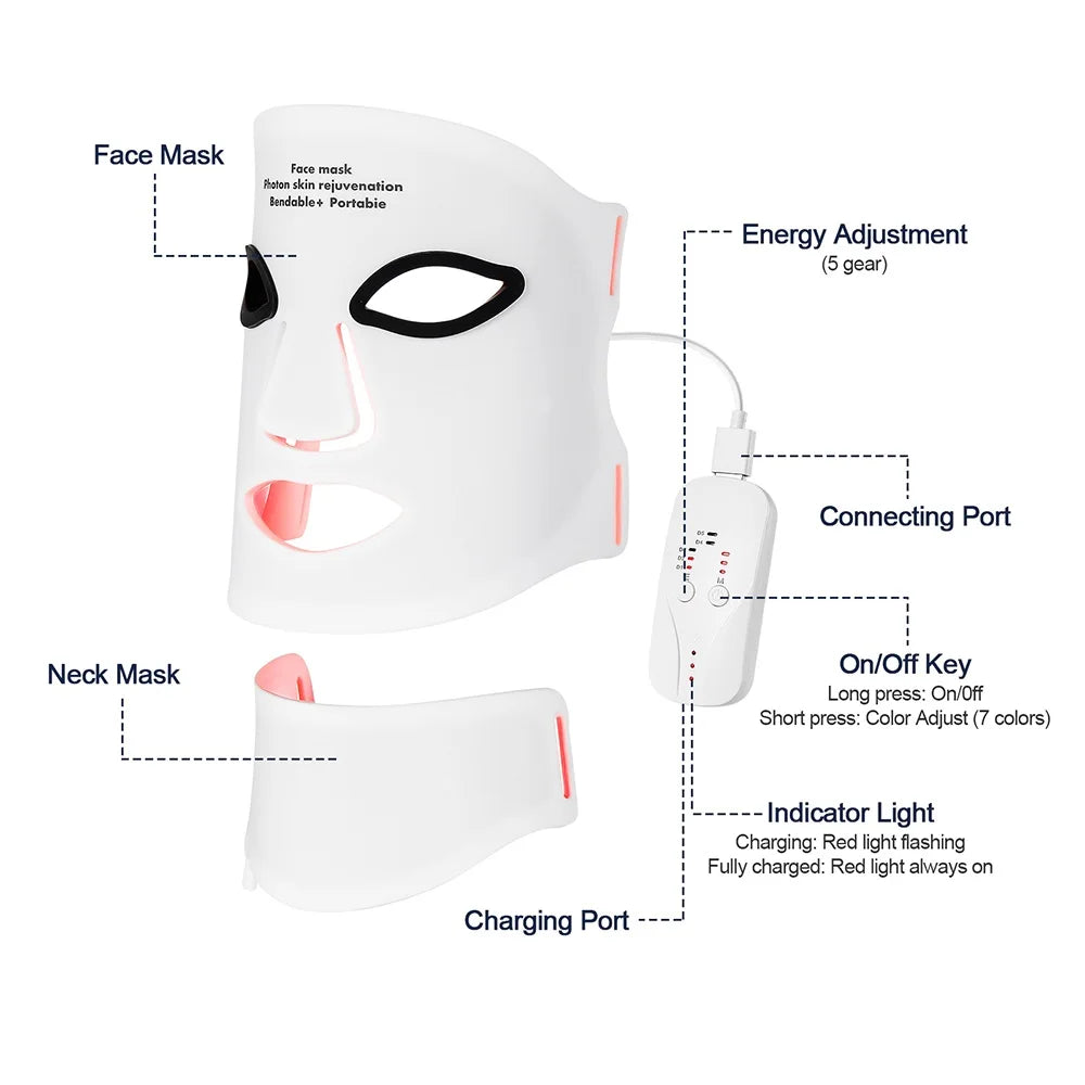 LED Face & Neck Mask – 7 Color Light Therapy, Wireless & Flexible