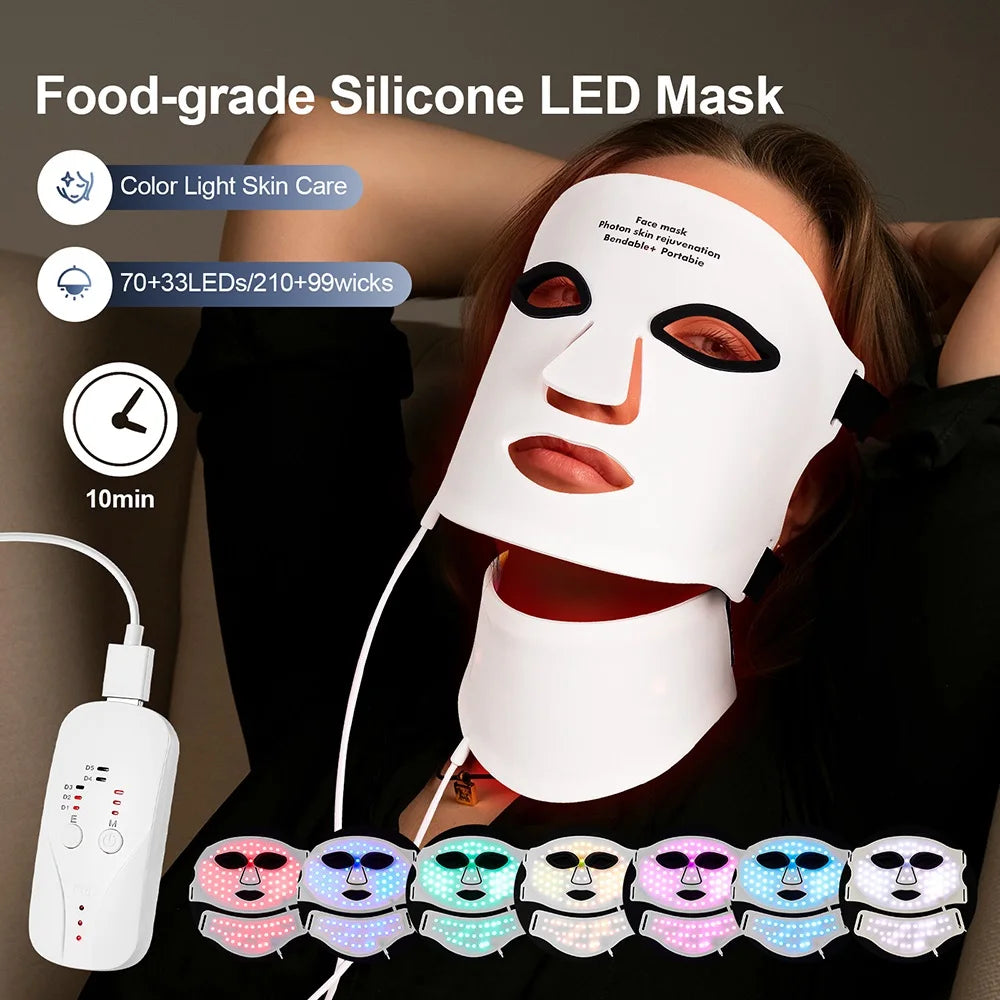 LED Face & Neck Mask – 7 Color Light Therapy, Wireless & Flexible