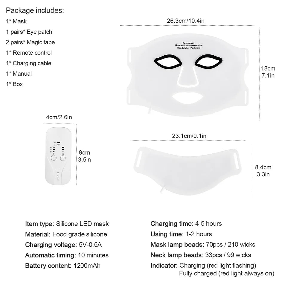 LED Face & Neck Mask – 7 Color Light Therapy, Wireless & Flexible
